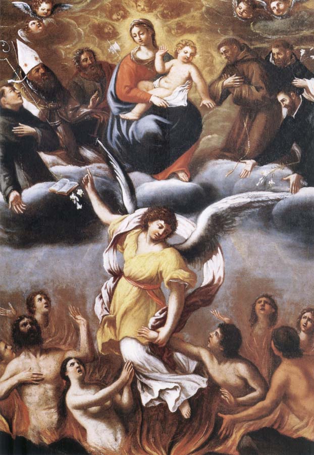 An angel frees the souls of the Purgatory despues of the intercesion of the Virgin one Maria and of the holy